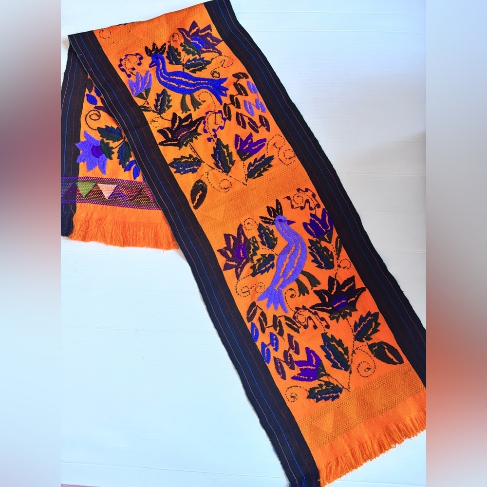Vintage Embroidered Table Runner Orange Blue Bird Floral 70x16